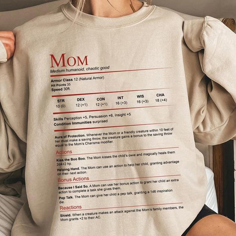 D&D Mom Stat Block Shirt, DnD Mom Shirt, Mothers Day T-shirt Sweatshirt, Gift for Her - Image 3