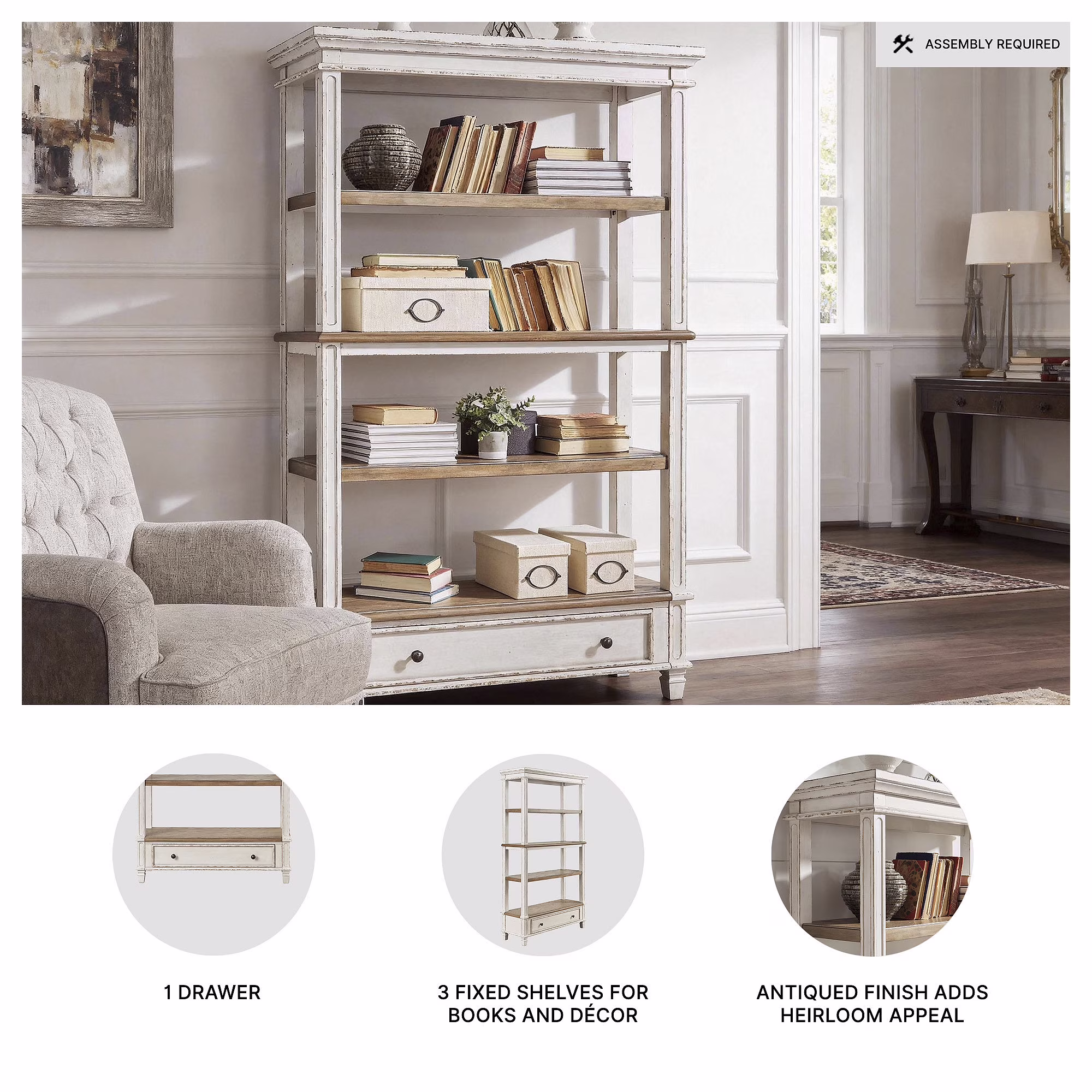 Signature Design by 75" Farmhouse Bookcase with Drawer - Chipped White & Brown - Image 2