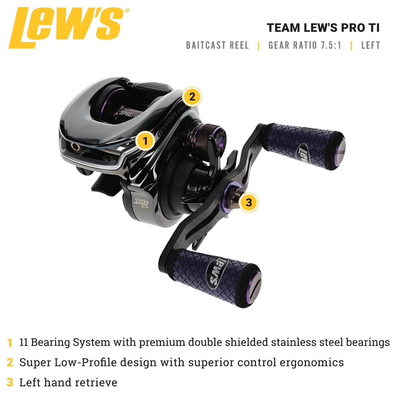 Lew's Team Lew's Pro-Ti Baitcast Reel, 7.5:1 Gear Ratio, Left-Hand Retrieve, Titanium Gray/Purple - Image 2