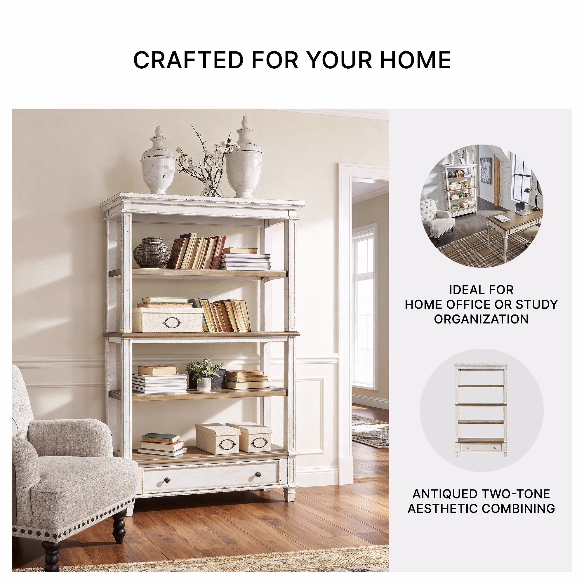Signature Design by 75" Farmhouse Bookcase with Drawer - Chipped White & Brown - Image 3