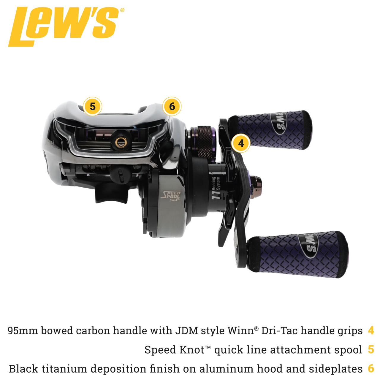 Lew's Team Lew's Pro-Ti Baitcast Reel, 7.5:1 Gear Ratio, Left-Hand Retrieve, Titanium Gray/Purple - Image 3