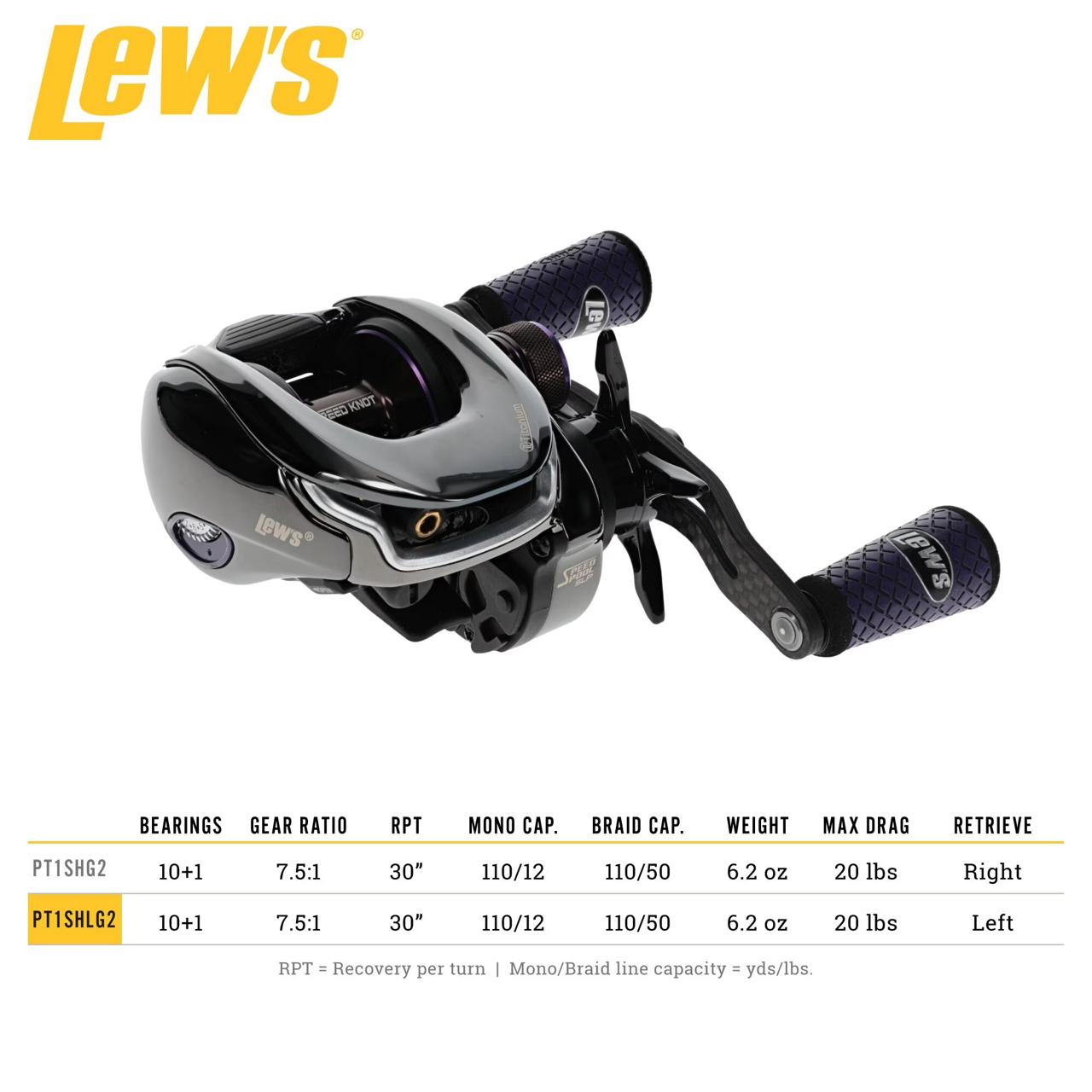 Lew's Team Lew's Pro-Ti Baitcast Reel, 7.5:1 Gear Ratio, Left-Hand Retrieve, Titanium Gray/Purple - Image 5